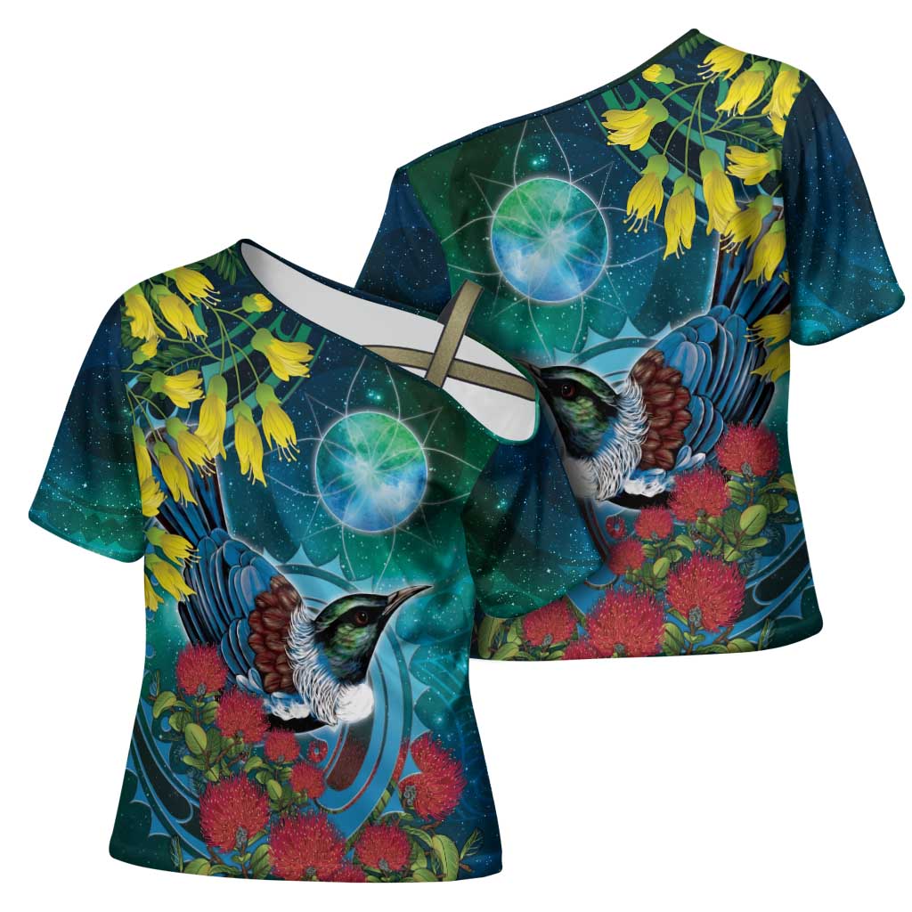 New Zealand Tui Bird Cross Shoulder Shirt Maori Koru With Pohutukawa Galaxy Style - Aussie Hoodie