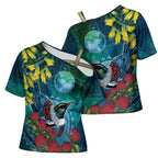 New Zealand Tui Bird Cross Shoulder Shirt Maori Koru With Pohutukawa Galaxy Style - Aussie Hoodie