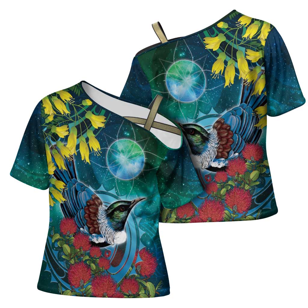 New Zealand Tui Bird Cross Shoulder Shirt Maori Koru With Pohutukawa Galaxy Style - Aussie Hoodie