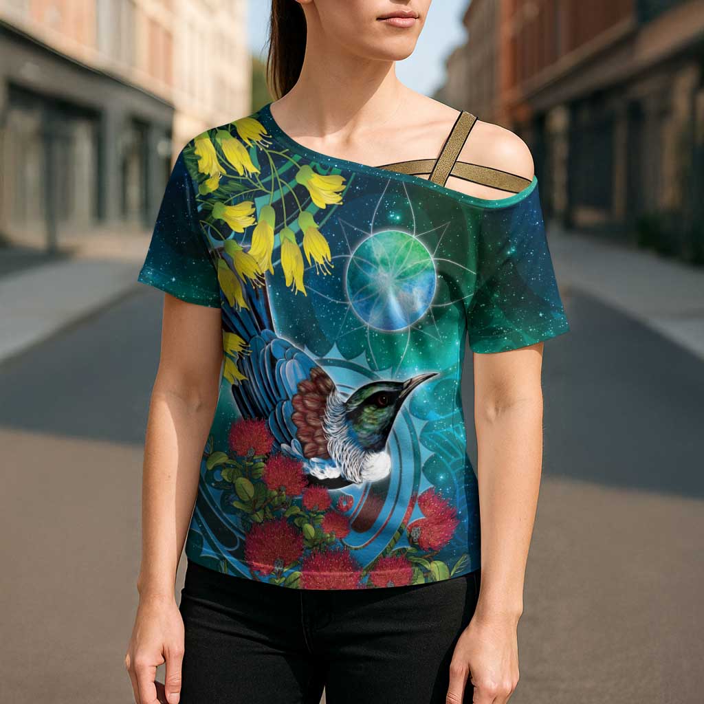 New Zealand Tui Bird Cross Shoulder Shirt Maori Koru With Pohutukawa Galaxy Style - Aussie Hoodie