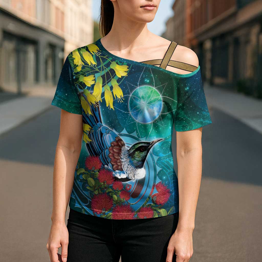New Zealand Tui Bird Cross Shoulder Shirt Maori Koru With Pohutukawa Galaxy Style - Aussie Hoodie