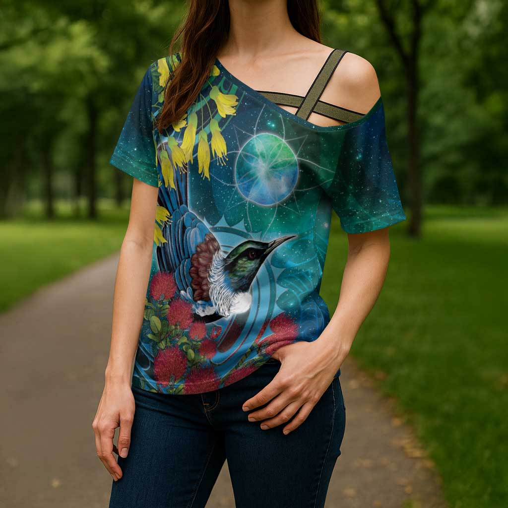 New Zealand Tui Bird Cross Shoulder Shirt Maori Koru With Pohutukawa Galaxy Style - Aussie Hoodie