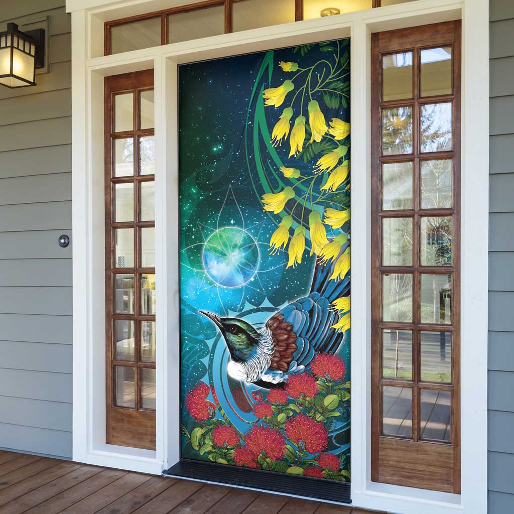 New Zealand Tui Bird Door Cover Maori Koru With Pohutukawa Galaxy Style - Aussie Hoodie