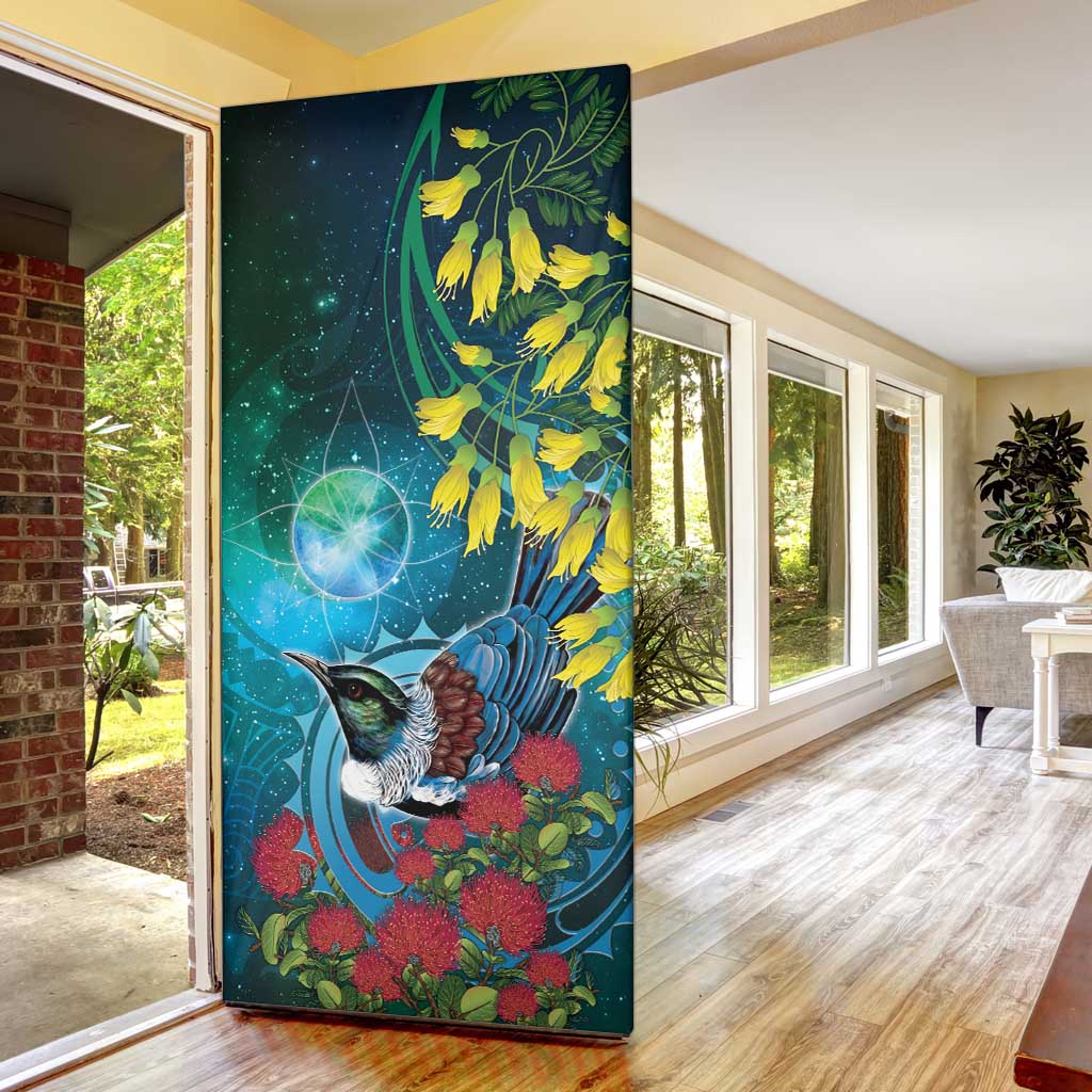 New Zealand Tui Bird Door Cover Maori Koru With Pohutukawa Galaxy Style - Aussie Hoodie