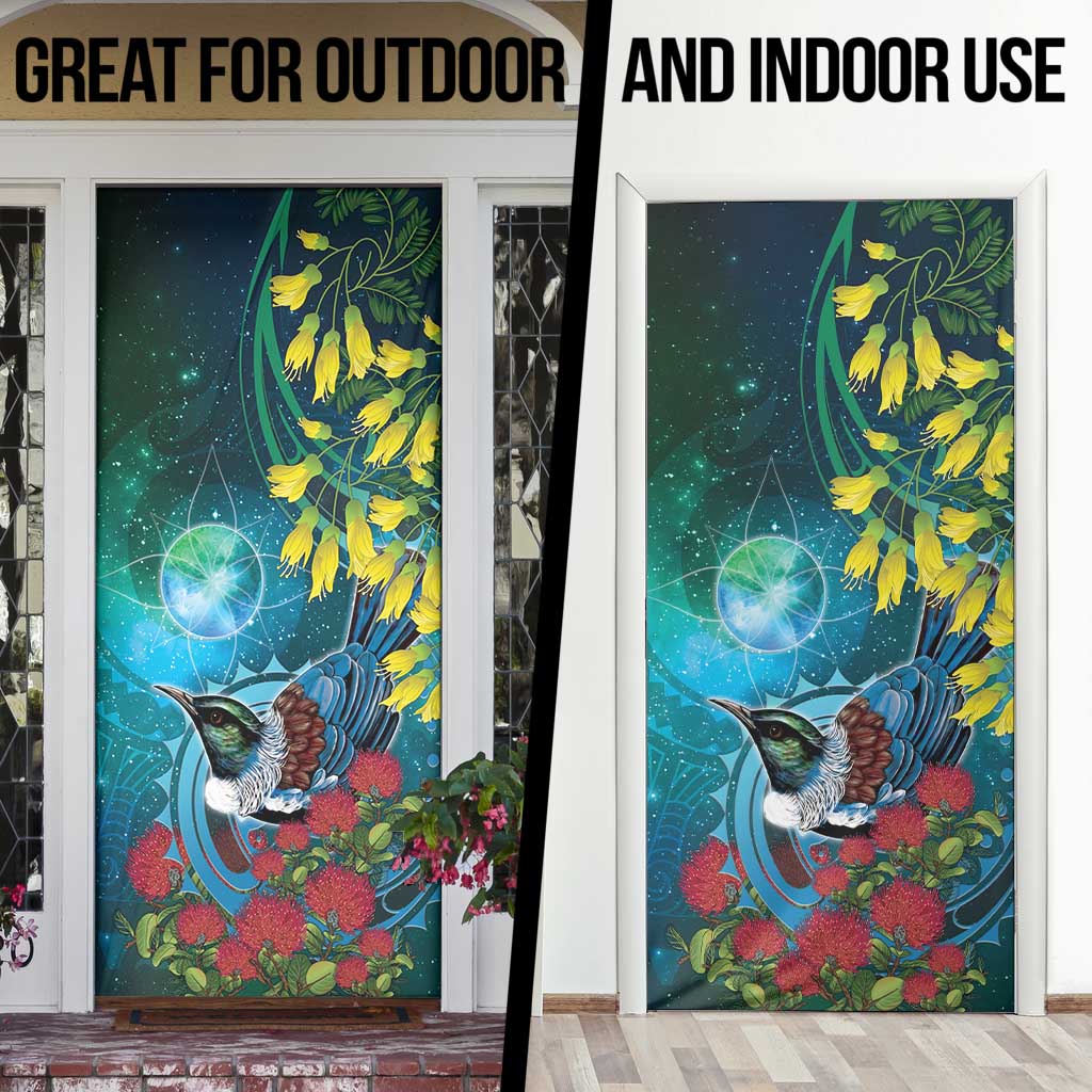 New Zealand Tui Bird Door Cover Maori Koru With Pohutukawa Galaxy Style - Aussie Hoodie