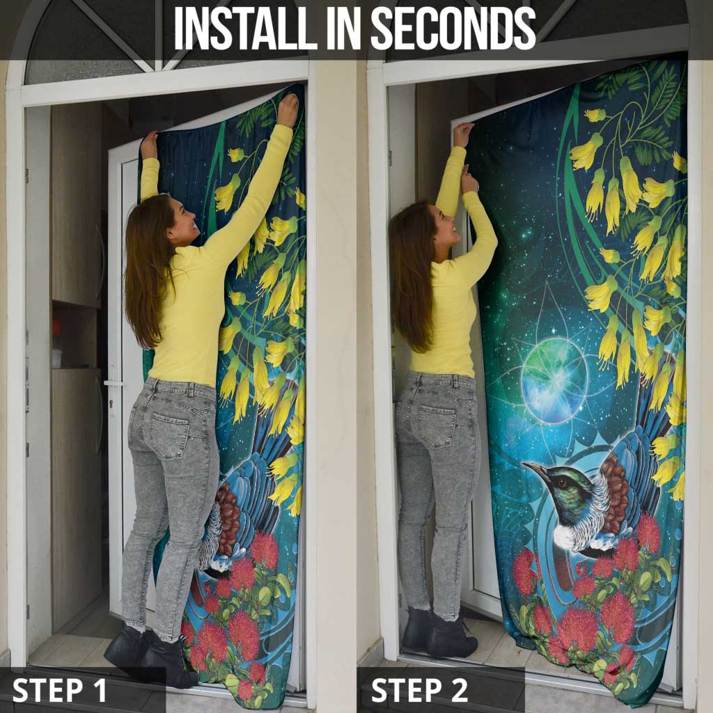 New Zealand Tui Bird Door Cover Maori Koru With Pohutukawa Galaxy Style - Aussie Hoodie