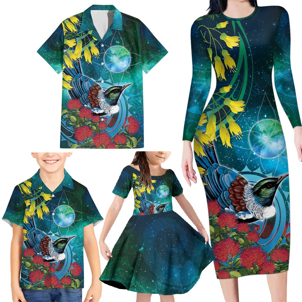 New Zealand Tui Bird Family Matching Long Sleeve Bodycon Dress and Hawaiian Shirt Maori Koru With Pohutukawa Galaxy Style - Aussie Hoodie