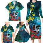 New Zealand Tui Bird Family Matching Long Sleeve Bodycon Dress and Hawaiian Shirt Maori Koru With Pohutukawa Galaxy Style - Aussie Hoodie