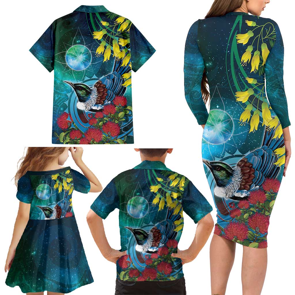 New Zealand Tui Bird Family Matching Long Sleeve Bodycon Dress and Hawaiian Shirt Maori Koru With Pohutukawa Galaxy Style - Aussie Hoodie