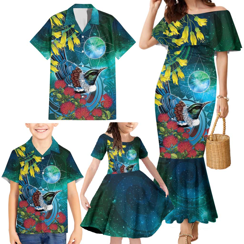 New Zealand Tui Bird Family Matching Mermaid Dress and Hawaiian Shirt Maori Koru With Pohutukawa Galaxy Style - Aussie Hoodie