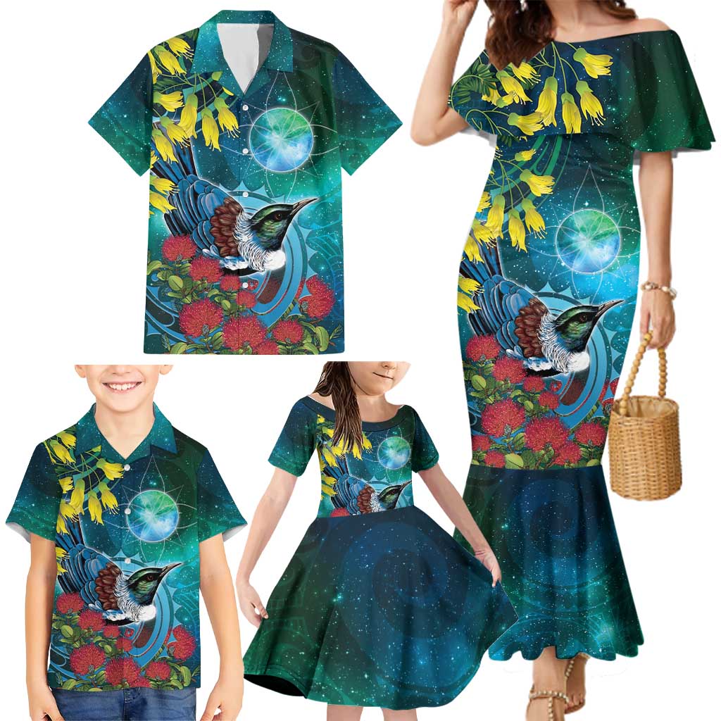 New Zealand Tui Bird Family Matching Mermaid Dress and Hawaiian Shirt Maori Koru With Pohutukawa Galaxy Style - Aussie Hoodie