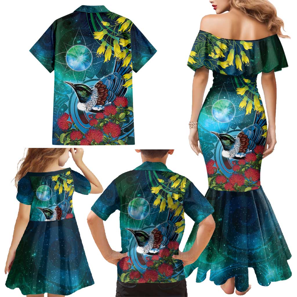 New Zealand Tui Bird Family Matching Mermaid Dress and Hawaiian Shirt Maori Koru With Pohutukawa Galaxy Style - Aussie Hoodie