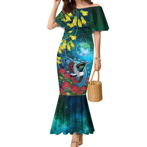 New Zealand Tui Bird Family Matching Mermaid Dress and Hawaiian Shirt Maori Koru With Pohutukawa Galaxy Style - Aussie Hoodie