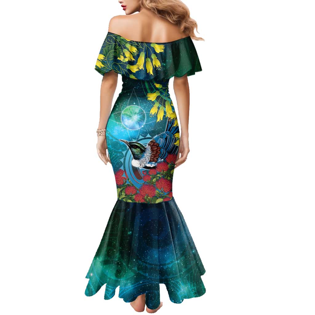 New Zealand Tui Bird Family Matching Mermaid Dress and Hawaiian Shirt Maori Koru With Pohutukawa Galaxy Style - Aussie Hoodie