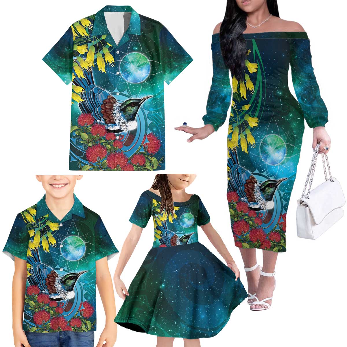 New Zealand Tui Bird Family Matching Off The Shoulder Long Sleeve Dress and Hawaiian Shirt Maori Koru With Pohutukawa Galaxy Style - Aussie Hoodie