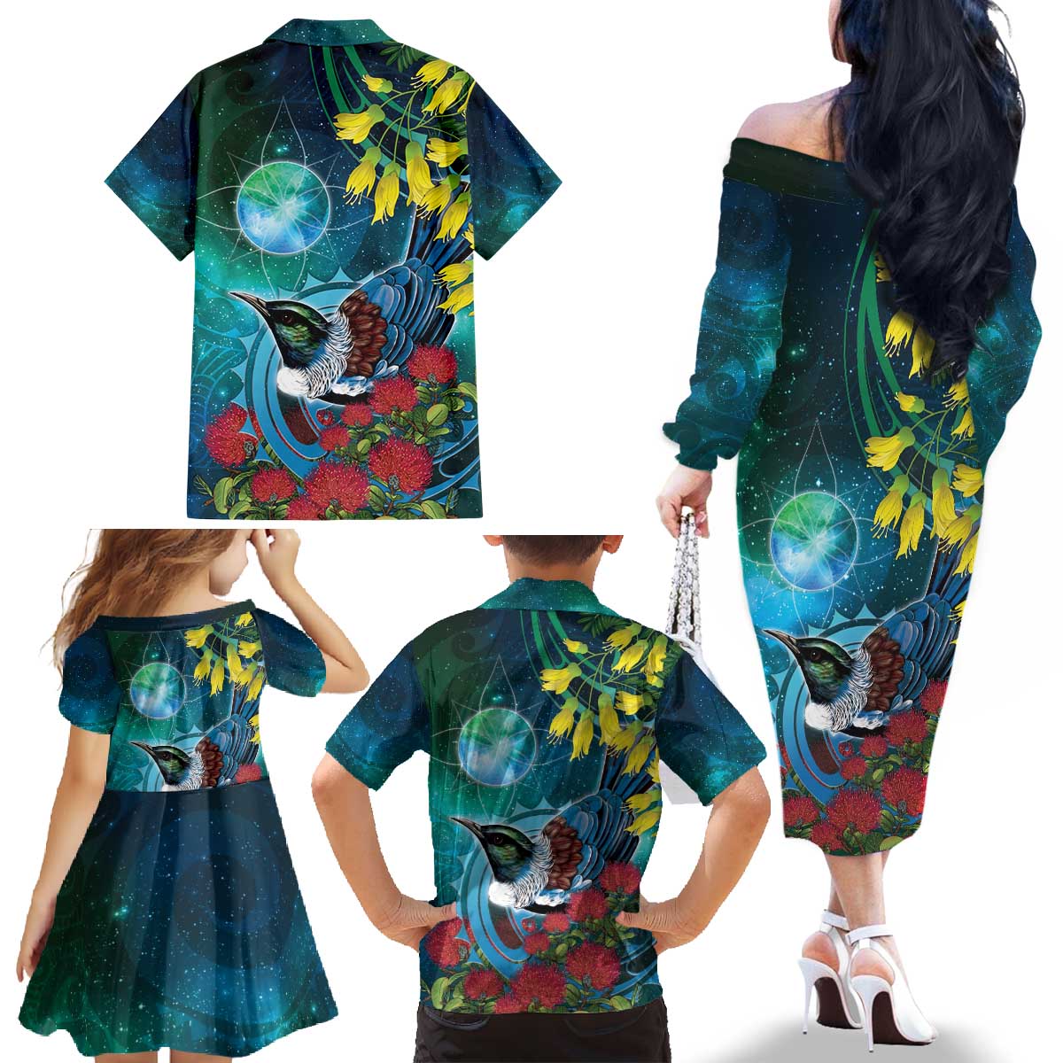 New Zealand Tui Bird Family Matching Off The Shoulder Long Sleeve Dress and Hawaiian Shirt Maori Koru With Pohutukawa Galaxy Style - Aussie Hoodie