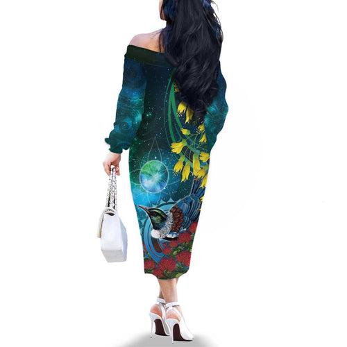 New Zealand Tui Bird Family Matching Off The Shoulder Long Sleeve Dress and Hawaiian Shirt Maori Koru With Pohutukawa Galaxy Style - Aussie Hoodie
