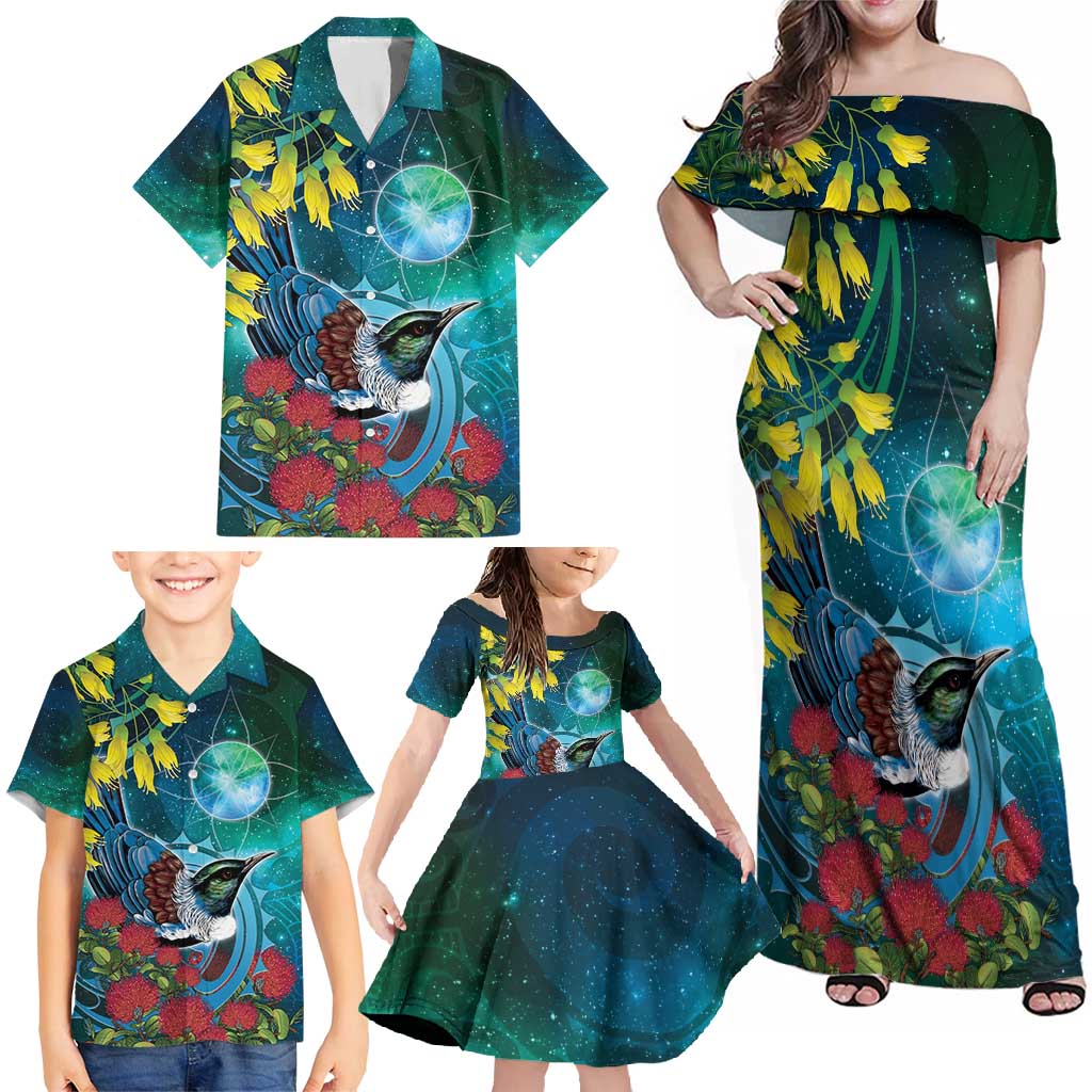 New Zealand Tui Bird Family Matching Off Shoulder Maxi Dress and Hawaiian Shirt Maori Koru With Pohutukawa Galaxy Style - Aussie Hoodie
