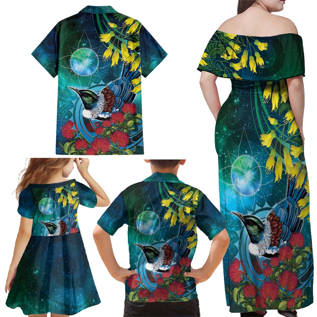 New Zealand Tui Bird Family Matching Off Shoulder Maxi Dress and Hawaiian Shirt Maori Koru With Pohutukawa Galaxy Style - Aussie Hoodie
