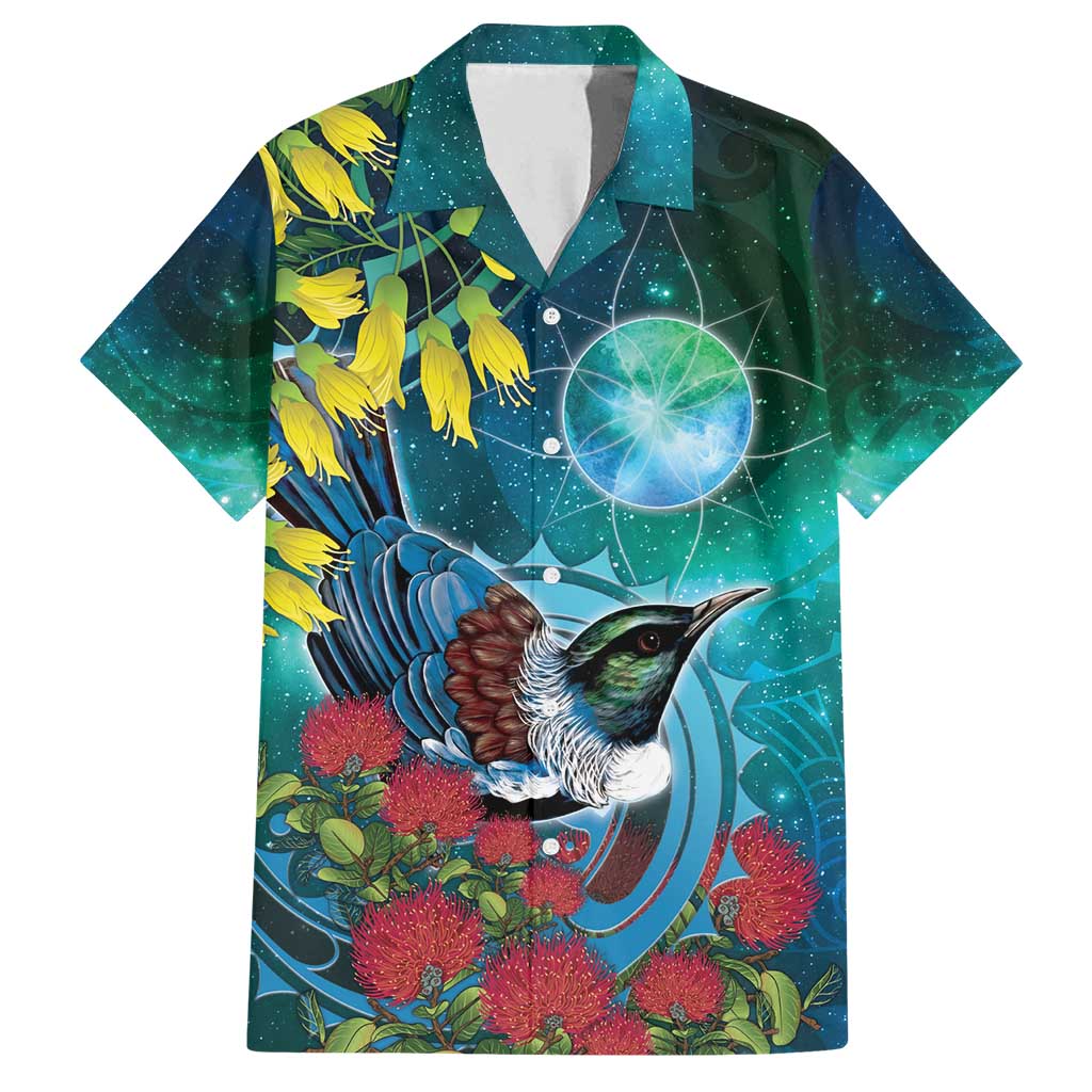 New Zealand Tui Bird Family Matching Off Shoulder Maxi Dress and Hawaiian Shirt Maori Koru With Pohutukawa Galaxy Style - Aussie Hoodie