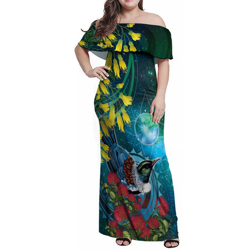 New Zealand Tui Bird Family Matching Off Shoulder Maxi Dress and Hawaiian Shirt Maori Koru With Pohutukawa Galaxy Style - Aussie Hoodie