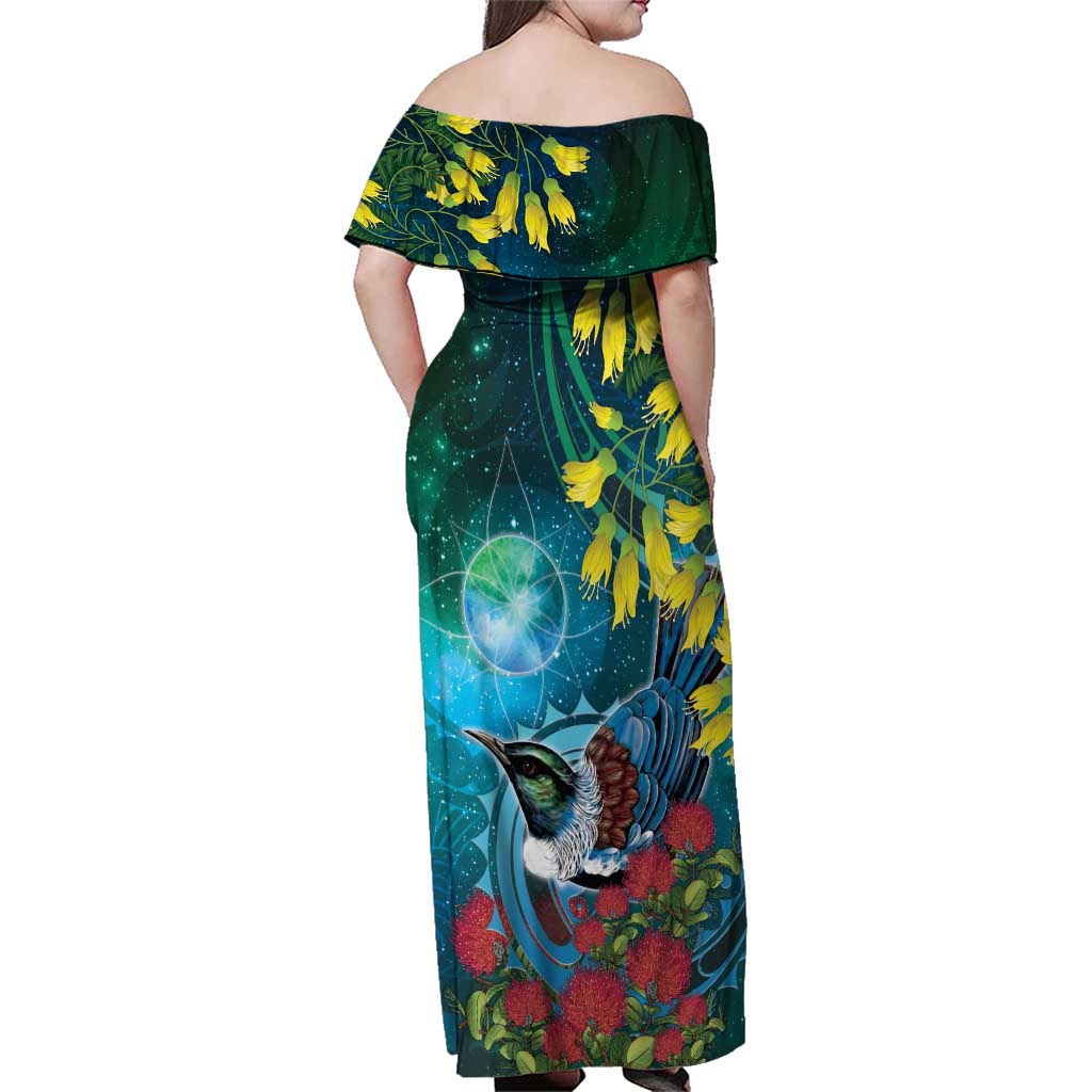 New Zealand Tui Bird Family Matching Off Shoulder Maxi Dress and Hawaiian Shirt Maori Koru With Pohutukawa Galaxy Style - Aussie Hoodie