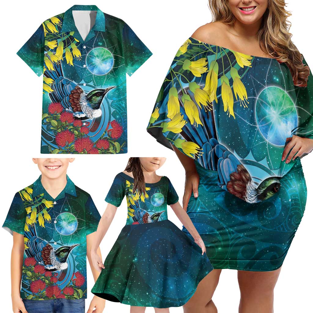 New Zealand Tui Bird Family Matching Off Shoulder Short Dress and Hawaiian Shirt Maori Koru With Pohutukawa Galaxy Style - Aussie Hoodie