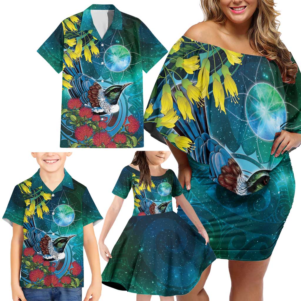 New Zealand Tui Bird Family Matching Off Shoulder Short Dress and Hawaiian Shirt Maori Koru With Pohutukawa Galaxy Style - Aussie Hoodie