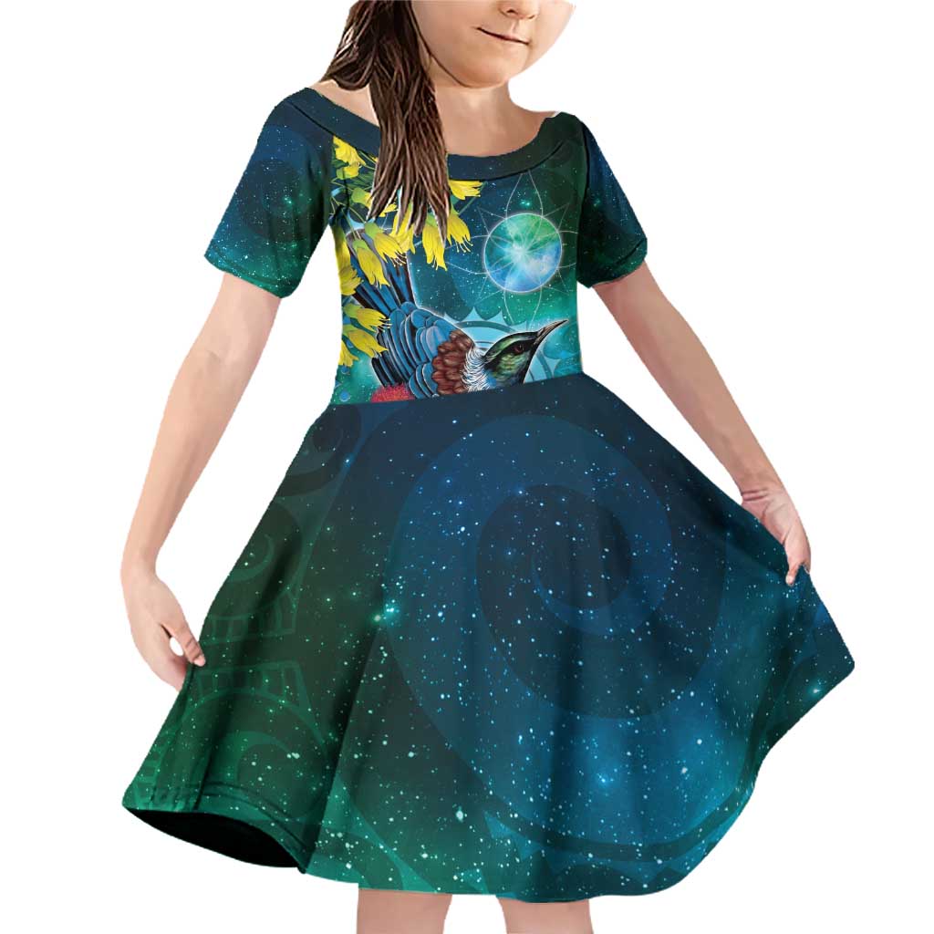 New Zealand Tui Bird Family Matching Off Shoulder Short Dress and Hawaiian Shirt Maori Koru With Pohutukawa Galaxy Style - Aussie Hoodie