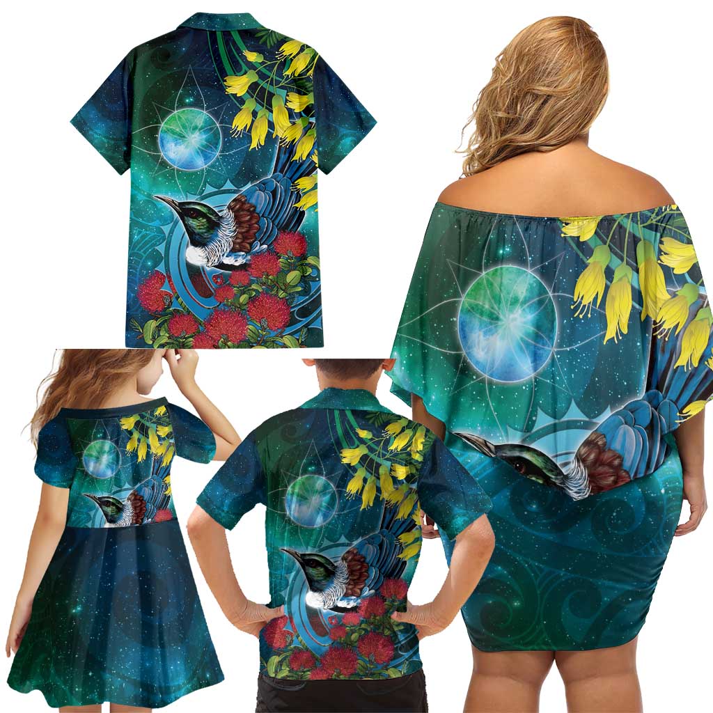 New Zealand Tui Bird Family Matching Off Shoulder Short Dress and Hawaiian Shirt Maori Koru With Pohutukawa Galaxy Style - Aussie Hoodie
