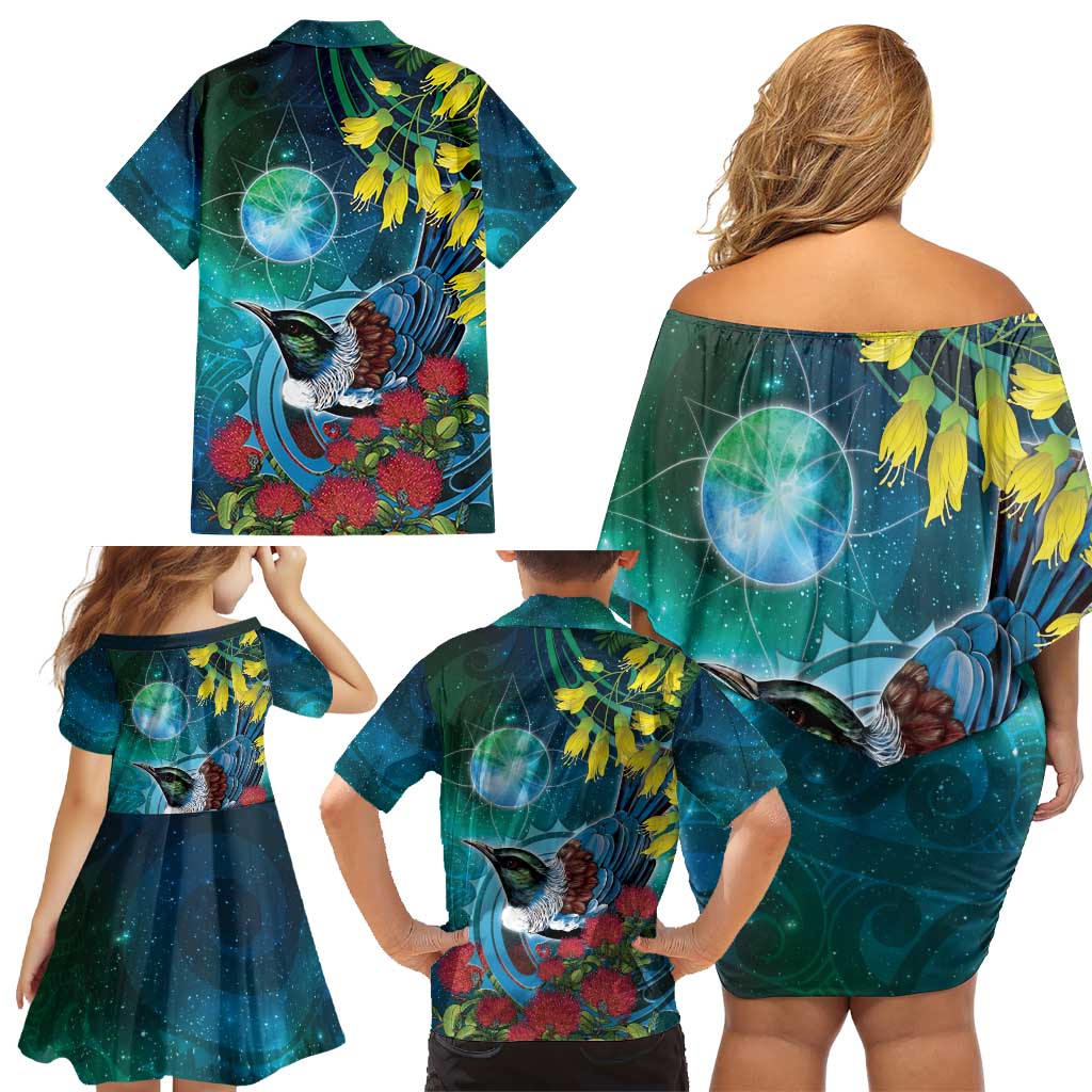 New Zealand Tui Bird Family Matching Off Shoulder Short Dress and Hawaiian Shirt Maori Koru With Pohutukawa Galaxy Style - Aussie Hoodie