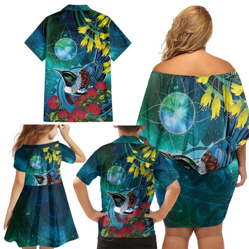 New Zealand Tui Bird Family Matching Off Shoulder Short Dress and Hawaiian Shirt Maori Koru With Pohutukawa Galaxy Style - Aussie Hoodie