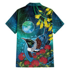 New Zealand Tui Bird Family Matching Off Shoulder Short Dress and Hawaiian Shirt Maori Koru With Pohutukawa Galaxy Style - Aussie Hoodie