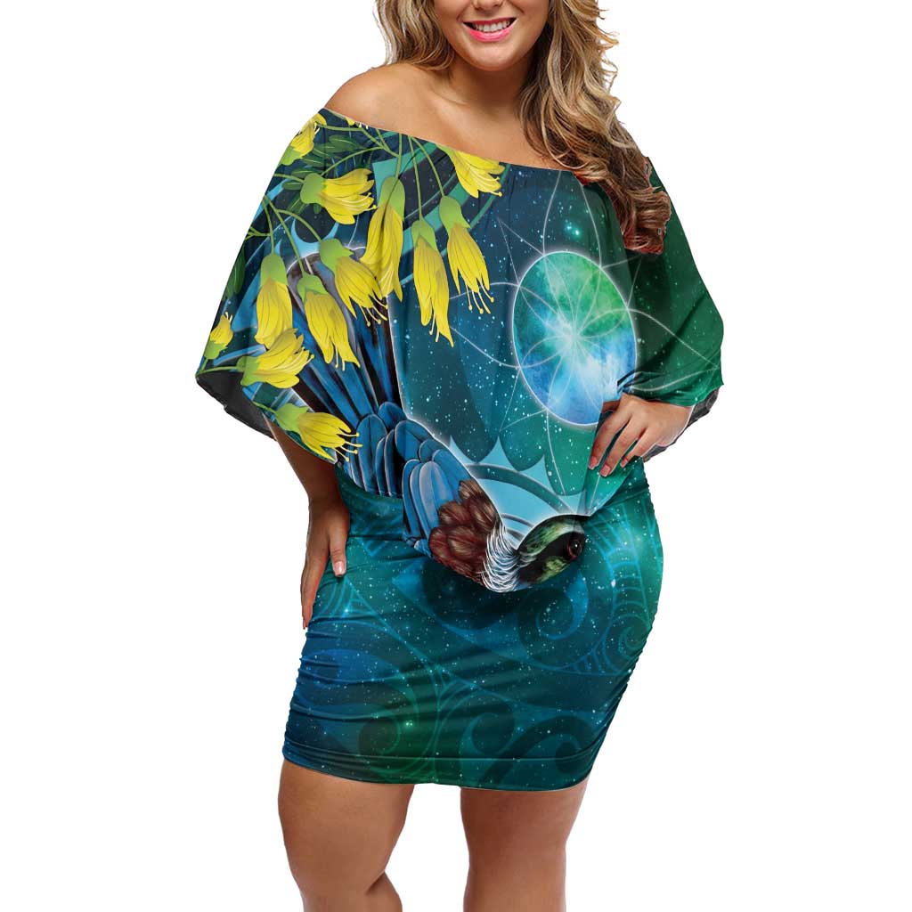 New Zealand Tui Bird Family Matching Off Shoulder Short Dress and Hawaiian Shirt Maori Koru With Pohutukawa Galaxy Style - Aussie Hoodie