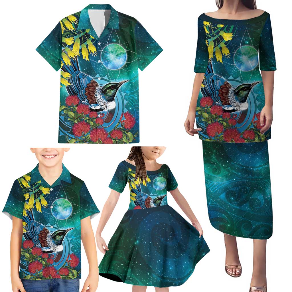 New Zealand Tui Bird Family Matching Puletasi and Hawaiian Shirt Maori Koru With Pohutukawa Galaxy Style - Aussie Hoodie