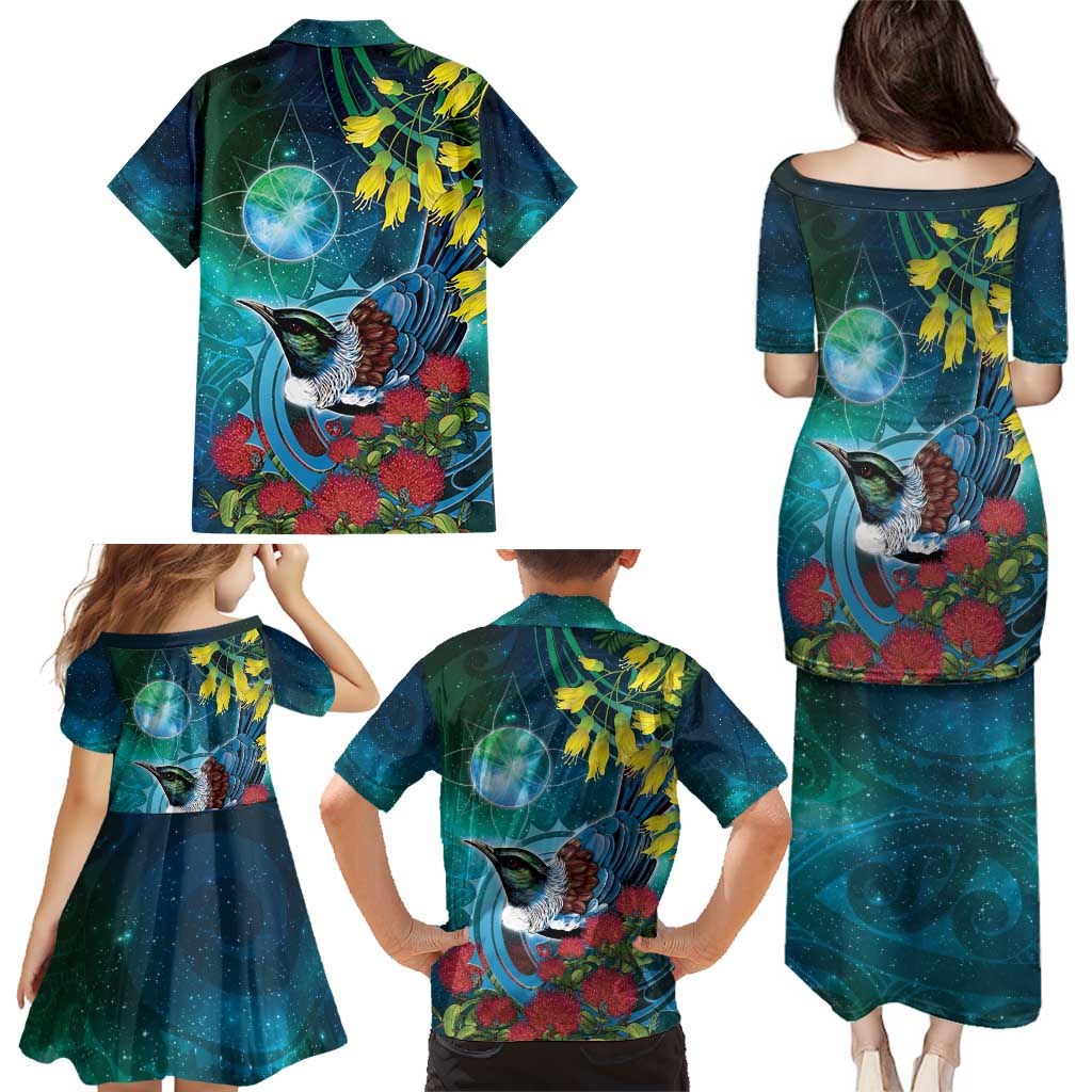 New Zealand Tui Bird Family Matching Puletasi and Hawaiian Shirt Maori Koru With Pohutukawa Galaxy Style - Aussie Hoodie