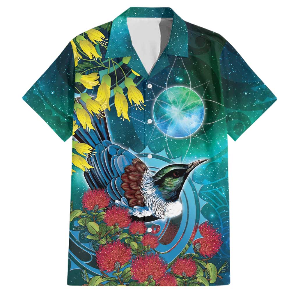 New Zealand Tui Bird Family Matching Puletasi and Hawaiian Shirt Maori Koru With Pohutukawa Galaxy Style - Aussie Hoodie