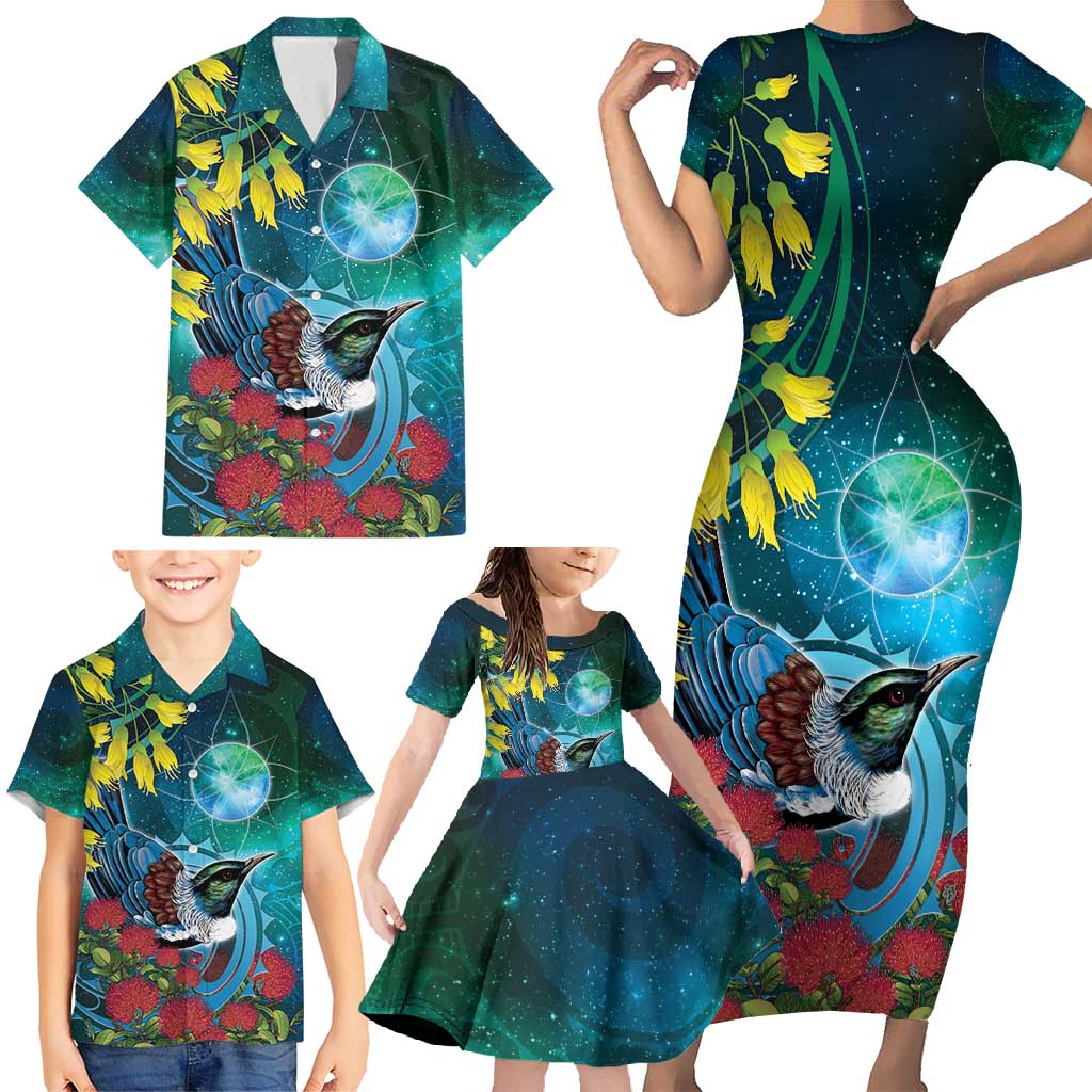 New Zealand Tui Bird Family Matching Short Sleeve Bodycon Dress and Hawaiian Shirt Maori Koru With Pohutukawa Galaxy Style - Aussie Hoodie