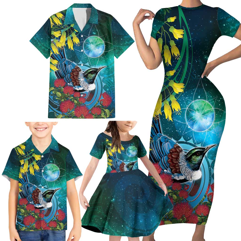 New Zealand Tui Bird Family Matching Short Sleeve Bodycon Dress and Hawaiian Shirt Maori Koru With Pohutukawa Galaxy Style - Aussie Hoodie