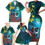 New Zealand Tui Bird Family Matching Short Sleeve Bodycon Dress and Hawaiian Shirt Maori Koru With Pohutukawa Galaxy Style - Aussie Hoodie