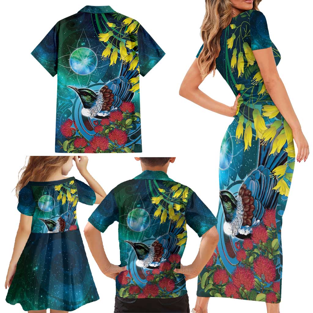 New Zealand Tui Bird Family Matching Short Sleeve Bodycon Dress and Hawaiian Shirt Maori Koru With Pohutukawa Galaxy Style - Aussie Hoodie