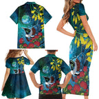 New Zealand Tui Bird Family Matching Short Sleeve Bodycon Dress and Hawaiian Shirt Maori Koru With Pohutukawa Galaxy Style - Aussie Hoodie