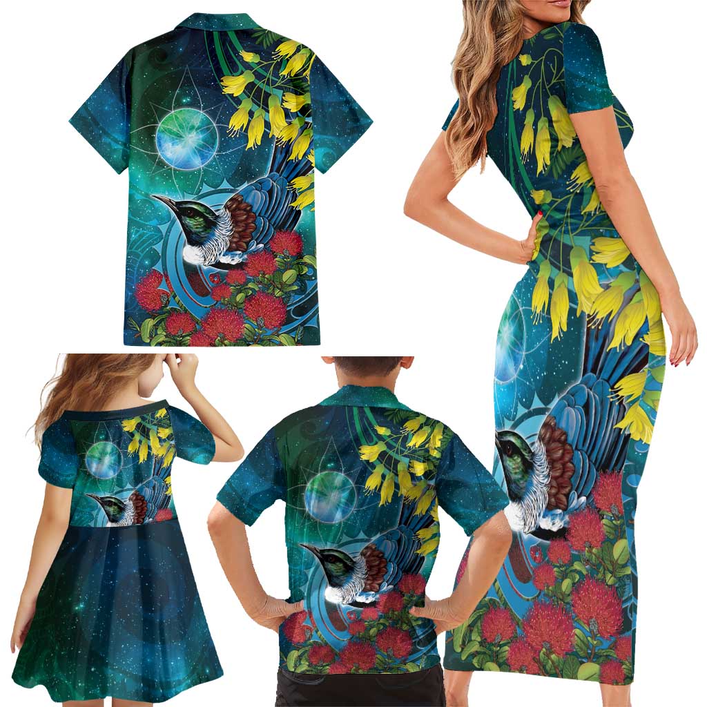 New Zealand Tui Bird Family Matching Short Sleeve Bodycon Dress and Hawaiian Shirt Maori Koru With Pohutukawa Galaxy Style - Aussie Hoodie
