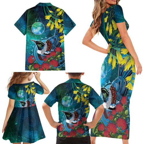 New Zealand Tui Bird Family Matching Short Sleeve Bodycon Dress and Hawaiian Shirt Maori Koru With Pohutukawa Galaxy Style - Aussie Hoodie