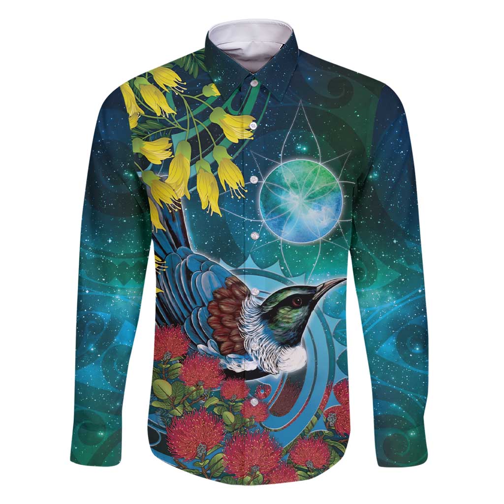 New Zealand Tui Bird Family Matching Short Sleeve Bodycon Dress and Hawaiian Shirt Maori Koru With Pohutukawa Galaxy Style - Aussie Hoodie