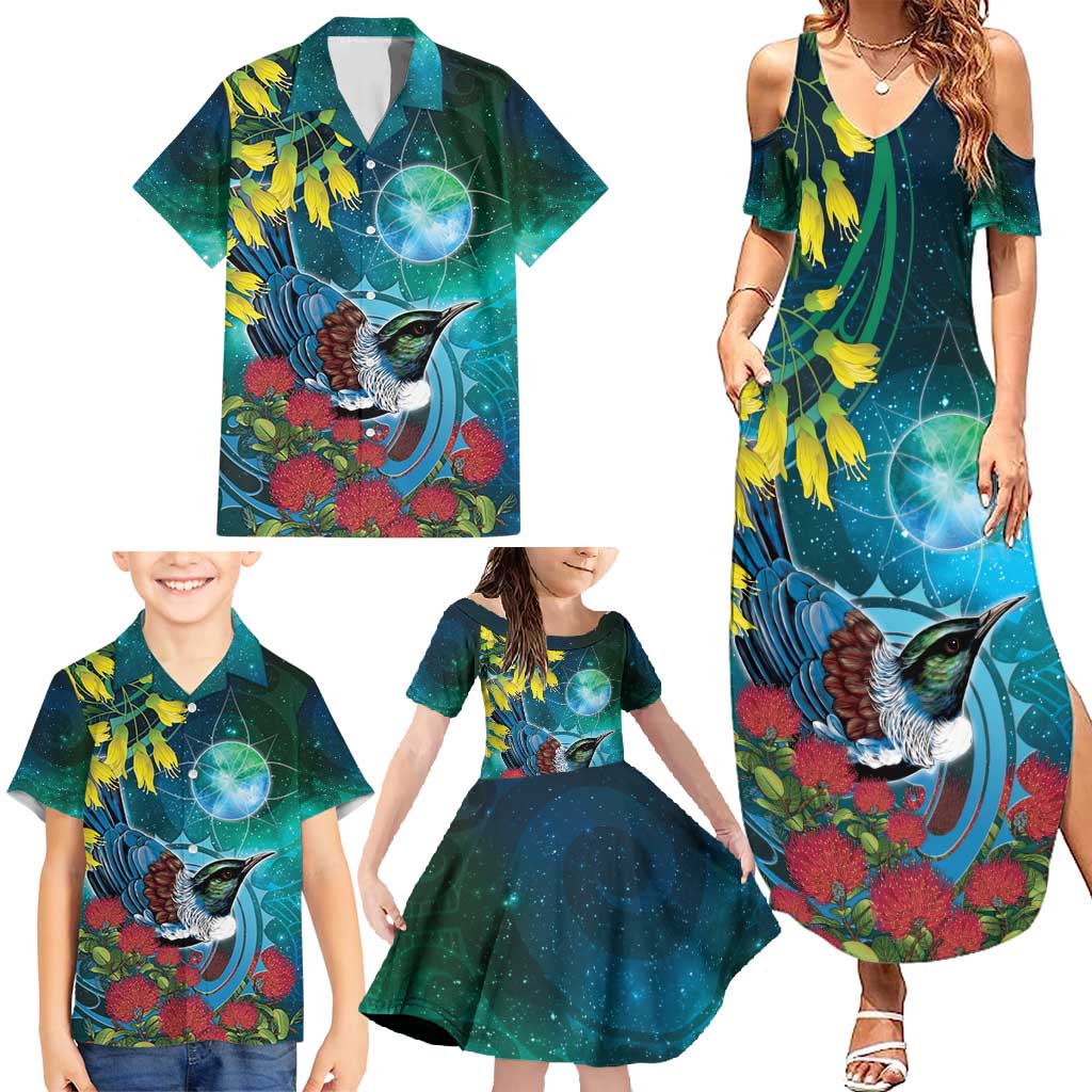 New Zealand Tui Bird Family Matching Summer Maxi Dress and Hawaiian Shirt Maori Koru With Pohutukawa Galaxy Style - Aussie Hoodie