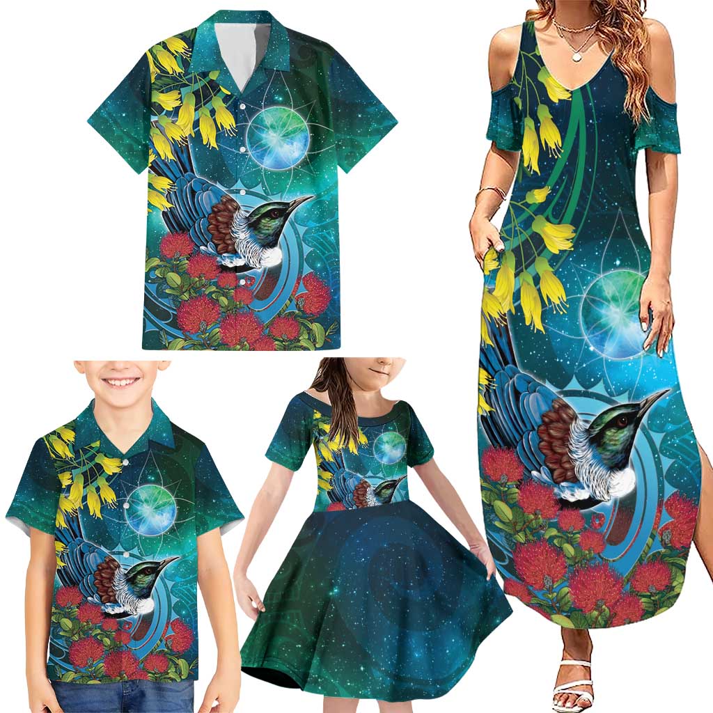 New Zealand Tui Bird Family Matching Summer Maxi Dress and Hawaiian Shirt Maori Koru With Pohutukawa Galaxy Style - Aussie Hoodie