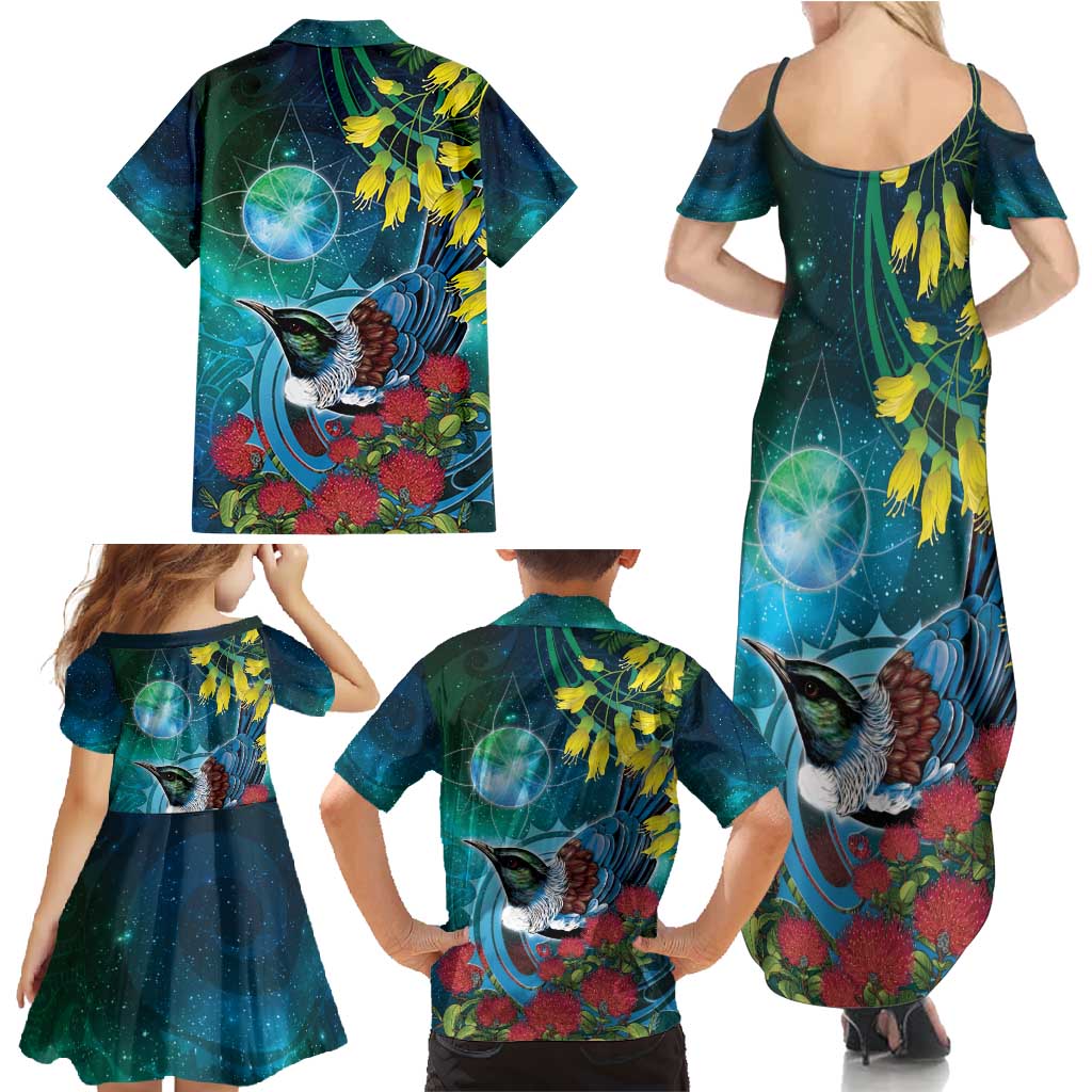 New Zealand Tui Bird Family Matching Summer Maxi Dress and Hawaiian Shirt Maori Koru With Pohutukawa Galaxy Style - Aussie Hoodie