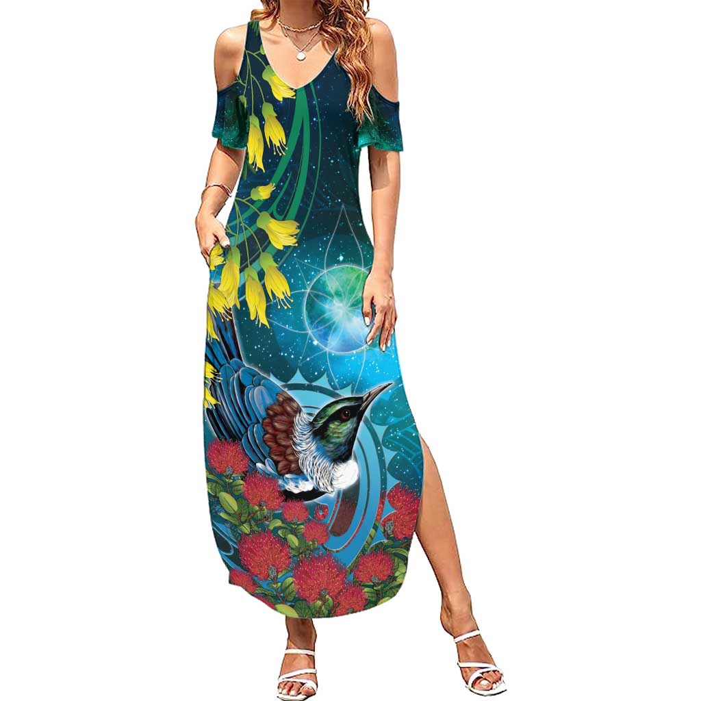 New Zealand Tui Bird Family Matching Summer Maxi Dress and Hawaiian Shirt Maori Koru With Pohutukawa Galaxy Style - Aussie Hoodie