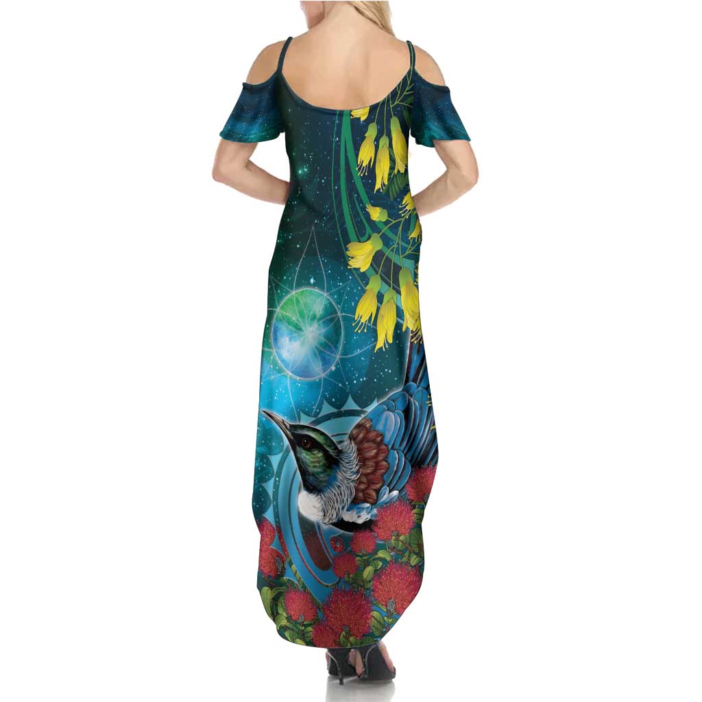 New Zealand Tui Bird Family Matching Summer Maxi Dress and Hawaiian Shirt Maori Koru With Pohutukawa Galaxy Style - Aussie Hoodie